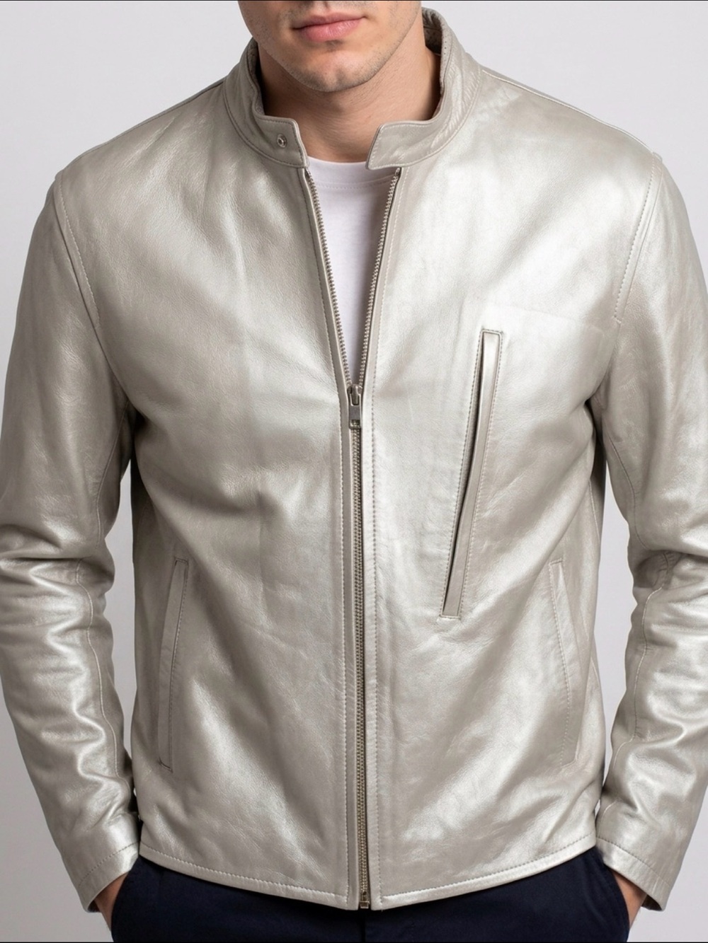 Men's Light Gray/Silver Leather  Zip-Front Motorcycle Style Jacket